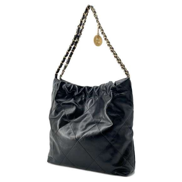 Chanel Shiny Shoulder Bag Calf Black Matelasse 22 Small - Picture 1 of 12